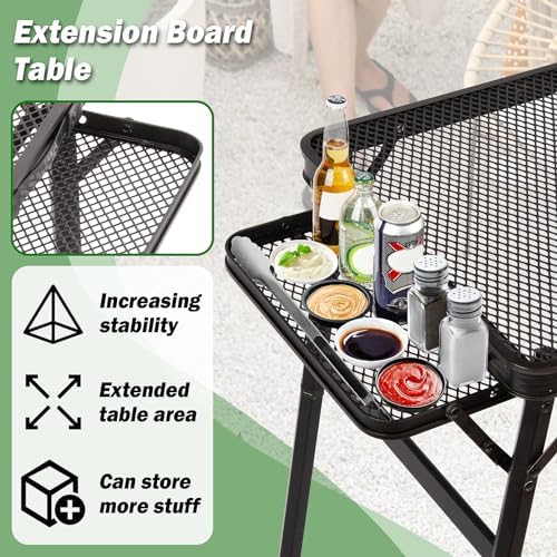 Grill Table Camping Table with 2 Wing Panels, Mesh Metal Folding Grill Table Height Adjustable & Lightweight & Portable Table for Outdoor Indoor Picnic, Camping, Beach and BBQ, RV