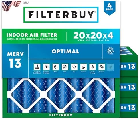 Filterbuy 20x20x4 Air Filter MERV 13 Optimal Defense (4-Pack), Pleated HVAC AC Furnace Air Filters Replacement (Actual Size: 19.50 x 19.50 x 3.63 Inches)