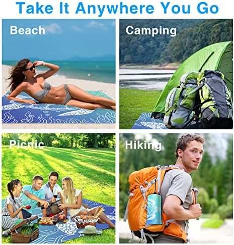 Beach Blanket, Waterproof Sandproof Beach Mat Oversized 79 X 83 Inch for 4-6 Adults, Lightweight Picnic Blanket, Portable Picnic Mat for Outdoor Travel Camping Hiking with 4 Stakes & 4 Corner Pocket