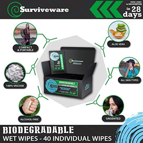 Surviveware Biodegradable Wipes Men or Women - Shower Wet Wipes Face, Body & Butt - Outdoors, Travel, Camping & Post Workout - Total of 40 Wipes - 1 Count, Pack of 40