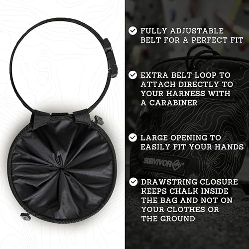 SURVIVOR Chalk Bag + Chalk Ball + Liquid Grip - Iconic Topographical Map, Draw String Closure, 2 Zippered Pockets, & Brush Holder - Bag for Rock Climbing, Bouldering, Weightlifting, Gymnastics & More