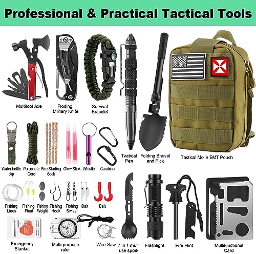 Survival Kit 256 in 1, First Aid Kit Survival Gear Tools Trauma Kit with Molle Pouch for Outdoor, Camping, Hunting, Hiking, Earthquake, Home, Office, Gifts for Men Dad Husband Women (Green)
