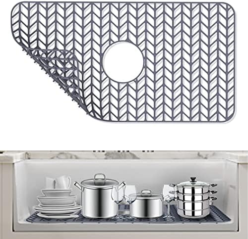 AWOKE Sink Protectors for Kitchen Sink - 26"x 14" Sink Mat - Heat-resistant Easy-clean Silicone Sink Mat - for Protection of Stainless Steel Sink - with Center Drain (Grey),Kitchen Sink Accessories
