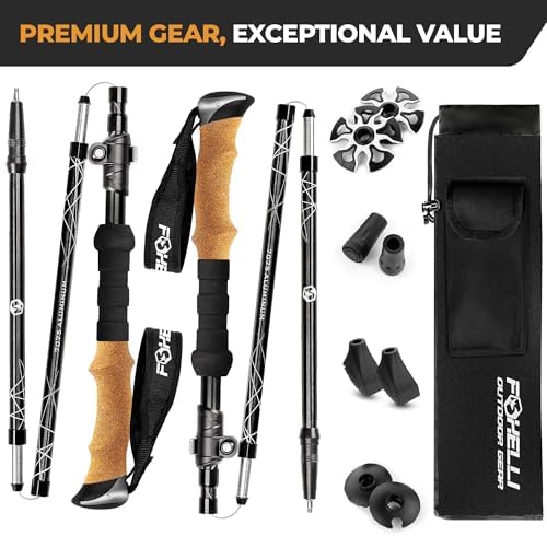 Foxelli Lightweight Trekking Poles – Compact Walking Sticks with Quick Locks, Ergonomic Cork Grip & All-Terrain Accessories – Adjustable Collapsible Poles for Travel & Hiking