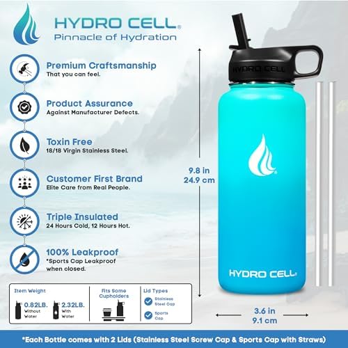 HYDRO CELL Stainless Steel Insulated Water Bottle with Straw - For Cold & Hot Drinks - Metal Vacuum Flask with Screw Cap and Modern Leakproof Sport Thermos for Adults (Teal/Blue 32oz)