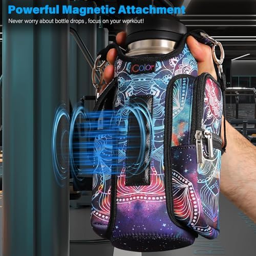 icolor Magnetic Gym Bag Water Bottle Carrier Holder with Phone Pockets & Shoulder Strap,5 Built-in Magnets Gym Bottle Pouch Sleeve,Magnetic Bag Gym Accessories Organizer for Men Women
