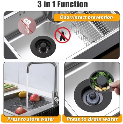 Kitchen Sink Drain Strainer,3 in 1 Pop Up Kitchen Sink Stopper,Made of Brass Material,with an Extra Basket Strainer,Sink Bounce Core Drain Strainer,Universal for US Standard 3-1/2 Inch,Black