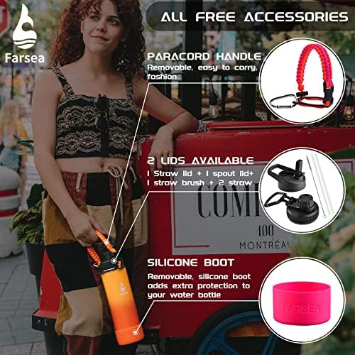 Farsea Insulated Water Bottle With Paracord Handle, Protective Silicone Boot and 2 Lids (Straw Lid & Spout Lid), Stainless Steel Water Bottle Wide Mouth, Double Wall Sweat-Proof BPA-Free, 18 oz