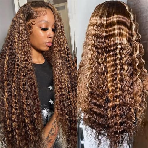 Ijowa 13x4 Highlight Ombre Deep wave Lace Front Wigs Human Hair P4/27 Colored HD Transparent Honey Blonde Curly Lace Frontal Wigs Pre Plucked 180% Density with Baby Hair 26inch