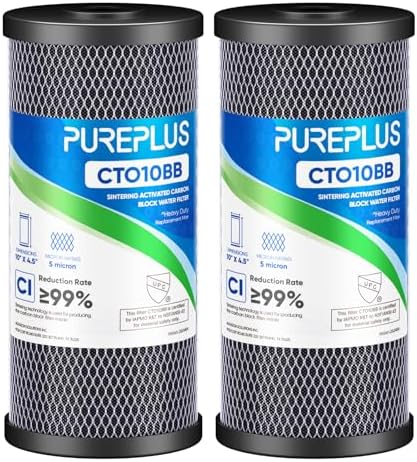 PUREPLUS 5 Micron 10" x 4.5" Whole House CTO Coconut Shell Activated Carbon Water Filter Replacement Cartridge for Dupont WFHDC8001, CB-BB-10, GE FXHTC, GXWH40L, GXWH35F, GNWH38S, CTO10BB, 2PACK