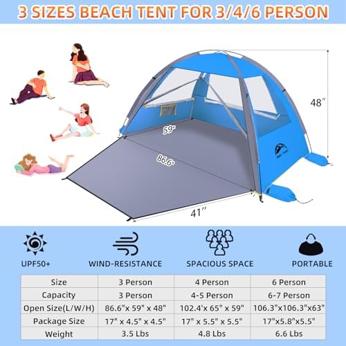 Happy Travel Beach Tent, UPF 50+ UV Protection Sun Shade Shelter for 3/4/5/6/7/8 Person, Portable Beach Canopy for Family & Baby, Lightweight & Easy Setup Beach Cabana with 3 Ventilation Mesh Windows