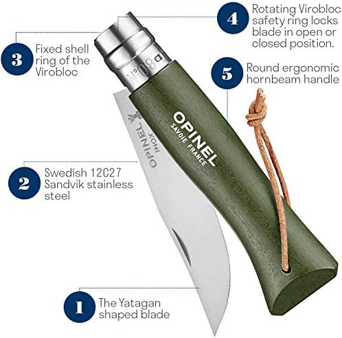 Opinel Colorama Series No. 8 - Stainless Steel Everyday Carry Folding Pocket Knife with Leather Strap, Painted Hornbeam Handles