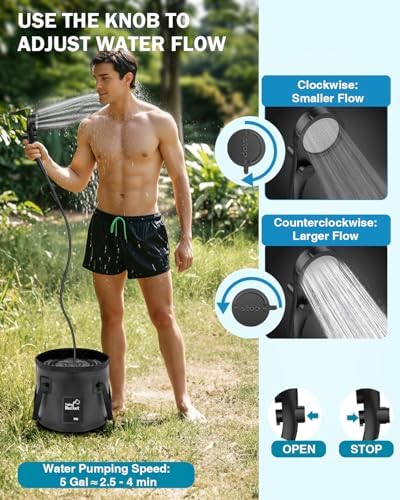 Portable Shower, Upgraded 6000mAh Camping Shower with LED Display, Camp Shower with 5-Gallon Collapsible Bucket, Outdoor Shower with 3 Spray Modes for Hiking, RV, Travel, Pet Bath, Watering Plants