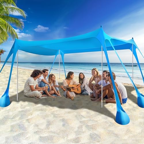 Rhino Valley Beach Tent Sun Shelter, Beach Canopy Tent Sun Shade UPF50+ Protection with 8 Sandbags 4 Stability Poles, Outdoor Beach Shade Canopy for Beach, Camping, Fishing