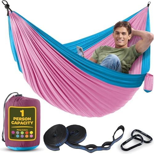Durable Hammock 400 lb Capacity, Nylon Camping Hammock Chair - Double or Single Sizes w/Tree Straps and Attached Carry Bag - Portable for Travel/Backpacking/Beach/Backyard (Medium, Fuchsia & Sky Blue)