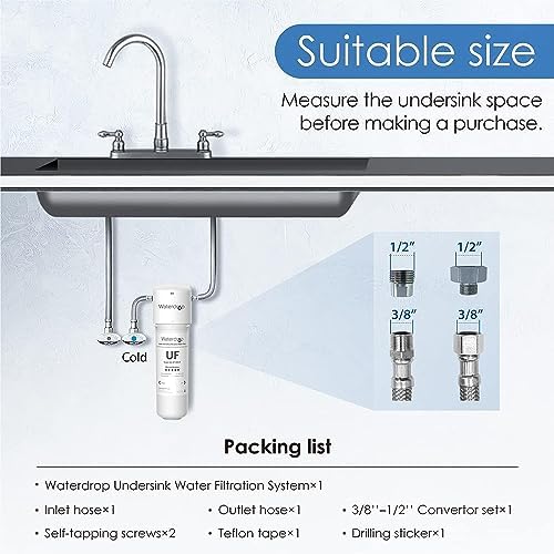 Waterdrop 10UAW-UF 0.01 μm Ultra Filtration Under Sink Water Filter for Baçtёria Reduction, Reduces Lead, Chlorine, Bad Taste & Odor, 8K Gallons, Direct Connect to Kitchen Faucet, USA Tech