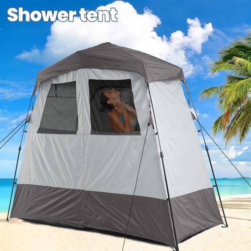Camping Shower Tent Deluxe Changing Room Easy Set Up Privacy Shelter,Large Toilet Tent 2 Rooms with Floor Drain Design for Beach, Camping,Hiking with Stakes and Ropes for Stability