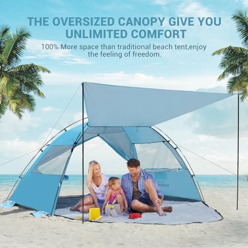 Elegear Beach Tent Sun Shelter with Canopy, 4-5 Person Pop Up Beach Tent, Easy Setup UPF 50+ UV Protection Portable Lightweight Double Silver Coating Beach Cabana Sun Shade Shelter - Sky Blue