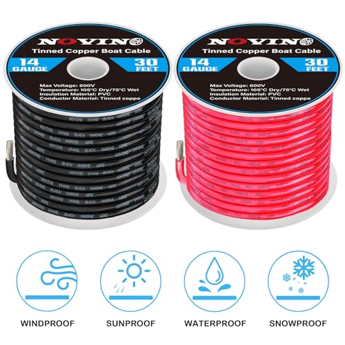 14 Gauge Marine Wire 14 AWG Marine Grade Wire Include 14 Gauge 30FT Red & 30FT Black,14AWG Oxygen-Free Tinned Copper Electrical Cable for Automotive Boat Lighting Outdoor RV Camper Trailer