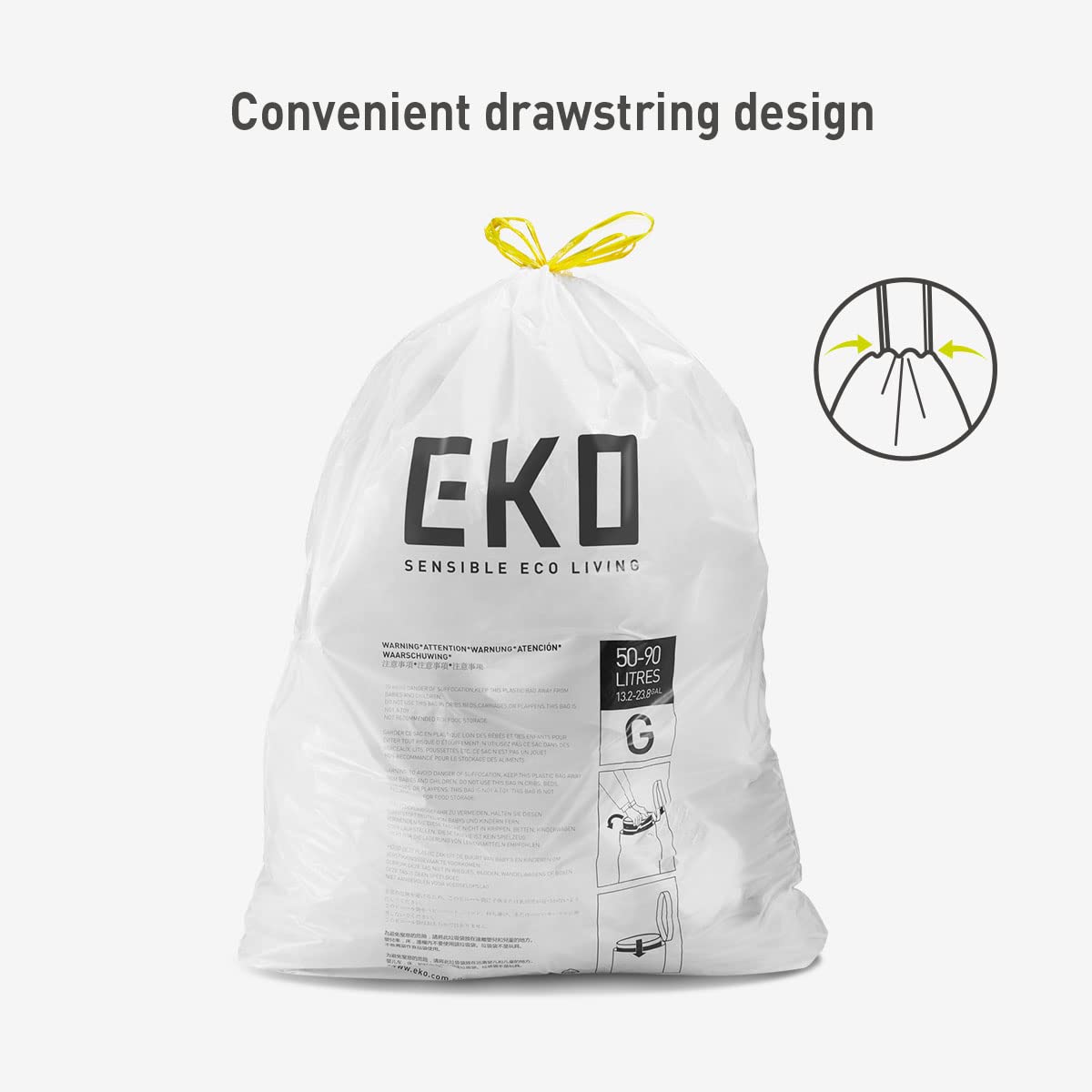 EKO Easy-Dispense Roll of 60 Count Extra-Strong Drawstring Kitchen Trash Bags - 21 Gallon Garbage Bags (79.5L) 1 pack, Code G