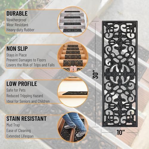 Ottomanson Indoor/Outdoor Hose-Wash Iron Wrought Design Non-Slip Rubber 10" x 30" Modern Stair Treads for Stairs, Garage, Patio, 5 Pack, Black Floral