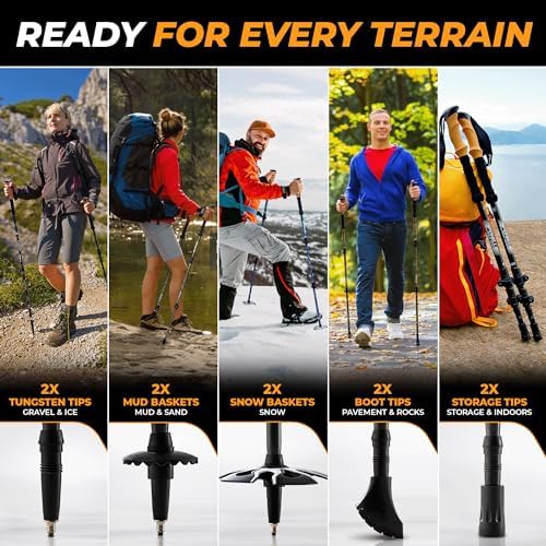 Foxelli Carbon Fiber Trekking Poles – Lightweight Collapsible & Shock-Absorbent Hiking Poles w/Cork Grips, Lever Locks & All Terrain Accessories
