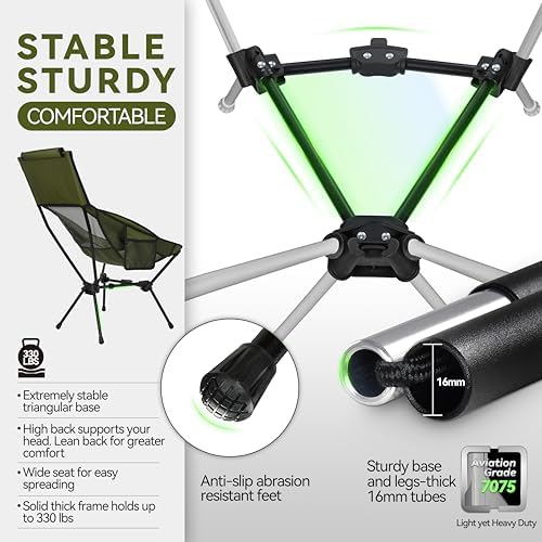 MARCHWAY Lightweight Folding High Back Camping Chair with Head Support, Stable Portable Compact for Outdoor Camp, Travel, Beach, Picnic, Festival, Hiking, Backpacking (Highback Green)