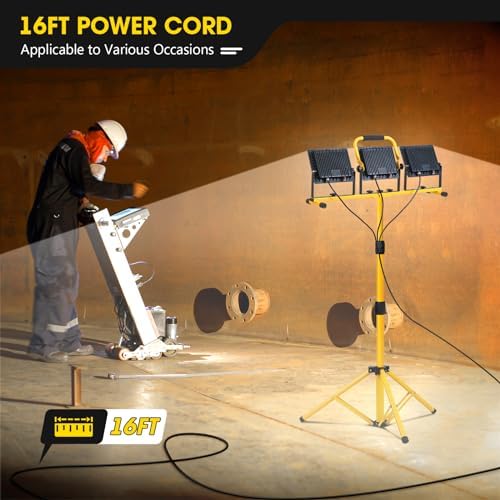 21000Lumen LED Work Lights with Stand - 3 Head Portable Work Light with 16FT Cord - IP66 Waterproof Tripod Worklights for Outdoor Indoor Job Site Workshop Garage Construction Site Lighting