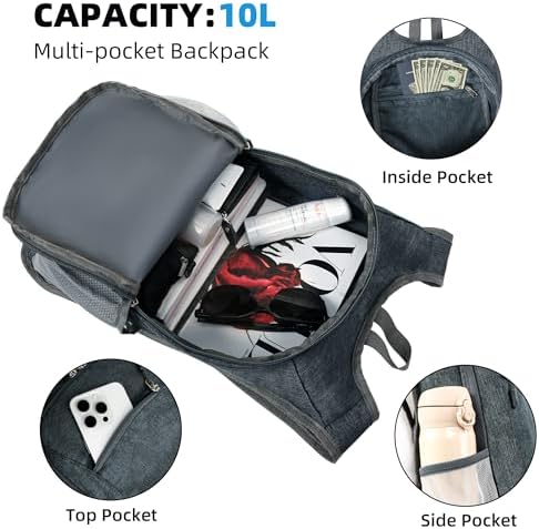 Lightweight 10L Foldable Travel Backpack - Packable Camping & Hiking Daypack for Women & Men (Dark Grey)