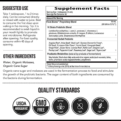 Flora Biome - Live Probiotic, Prebiotic & Postbiotic – Organic Live-Culture – 10 Probiotic Strains, 19 Fermented Herbs, 50 Billion CFU - Complete Gut Health & Microbiome Optimizer (16 oz)