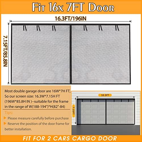 【2 Pack】 Garage Screen Doors for 2 Car Garage-16x7FT Fiberglass 2300g/5.1lb Durable Heavy Duty Magnetic Garage Door Screen Hands Free with 6 Roll Up Straps for Patio, Outdoor, Gym, Crafts Sun House
