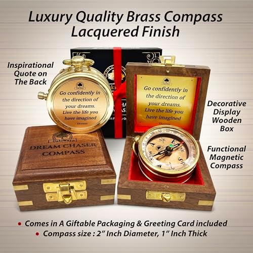 The Dream Chaser Compass in Wooden Box - 2025 Graduation Gifts for Him, College, High School, Birthday Gift Idea for Son, Boys, Daughter - Greeting Card Included, Inspirational, Motivational Present