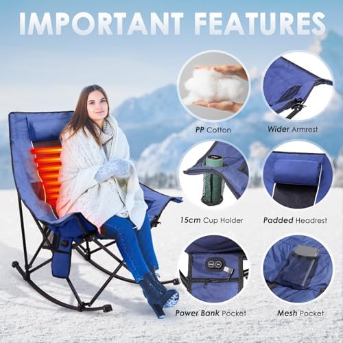 Suteck Heated Rocking Camping Chair, XL Oversized Rocking Chair Outdoor with 3 Heat Levels for Back and Seat, Heated Chairs Outdoor Sports for Patio Lawn Picnic Travel, Power Bank(Not Included)
