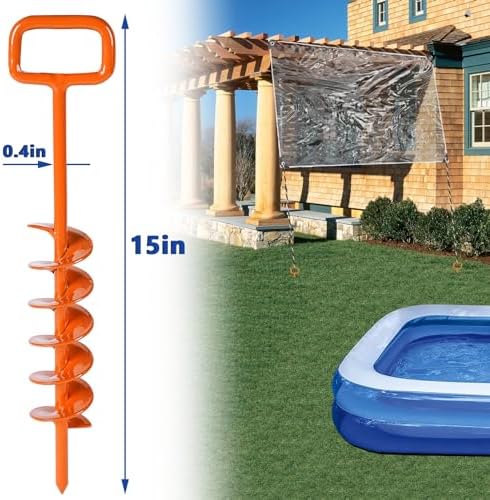 Tent Stakes for 2025, Ground Anchor Screw in, with 1PCS Tent Stakes Heavy Duty Adapter, for Heavy Duty Ground Stakes, Mobile Home Anchors, Anchors for Tent, Ground Screw Orange(12PCS,15in)