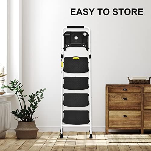 SocTone 4 Step Ladder, Folding Step Stool with Tool Platform, Sturdy& Portable Steel Ladder for Adults, 330LBS Capacity Ladder for Home Kitchen Pantry Office.