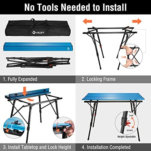 VILLEY Portable Camping Table with Adjustable Legs, Lightweight Aluminum Folding Beach Table with Carrying Bag for Outdoor Cooking, Picnic, Beach, Backyards, BBQ and Party