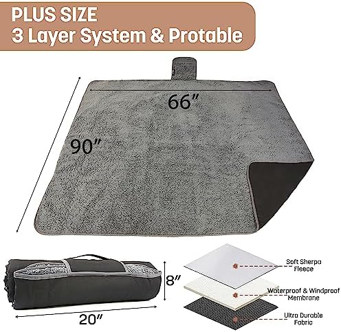 Tirrinia Waterproof Outdoor Blanket with Sherpa Lining, Windproof Triple Layers Warm Comfy Foldable for Camping Stadium, Beach, Picnic, Grass, Concerts, Car, Dog, 51''X 59'' & 59''X 80''
