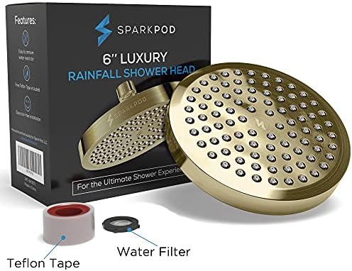 SparkPod Shower Head - High Pressure Rain - Premium Quality Luxury Design - 1-Min Install - Easy Clean Adjustable Replacement for Your Bathroom Shower Heads (Polished Antique Brass, 6 Inch Round)