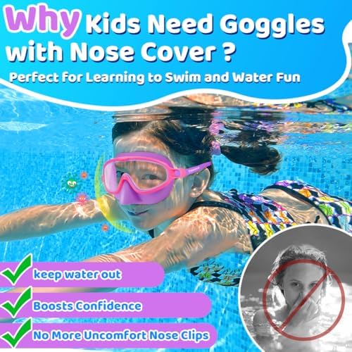 Vvinca Swim Goggles with Nose Cover, 2 Pack Wide View Diving Mask Anti-Fog UV No Leak Toddlers Swimming Goggles for Kids 3-15