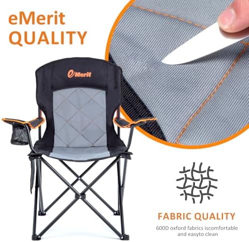 EMERIT Oversized Padded Camping Chair, 350LB Heavy Duty Quad Fold Chair with Arms, Collapsible Outdoor Chairs with Lumbar Back & Cup Holder Black