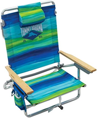 Tommy Bahama 5-Position Classic Lay Flat Folding Backpack Beach Chair, Blue and Green Stripe , 23" x 25.25" x 31.5"