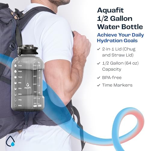 AQUAFIT 64 oz Water Bottle with Time Marker - Straw & Chug Lid - BPA Free Big Water Bottle with Straw - Gym Water Bottle with Handle - Gallon Water Jug (64 Ounces, Midnight Gray)