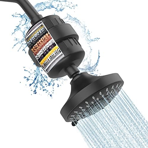 FEELSO Shower Head and 15 Stage Shower Filter Combo, High Pressure 5 Spray Settings Filtered Showerhead with Water Softener Filter Cartridge for Hard Water Remove Chlorine and Harmful Substances