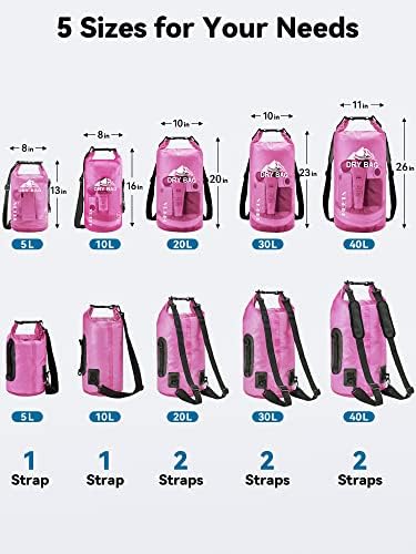 HEETA Dry Bag Waterproof for Women Men, 5L/10L/20L/30L/40L Roll Top Lightweight Dry Storage Bag Backpack with Phone Case for Travel, Swimming, Boating, Kayaking, Camping & Beach, 11 Transparent Colors