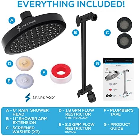 SparkPod Round Rain Shower Head with Extension Arm - Height Adjustable Shower Head with High Pressure Performance - Easy 1-Minute Installation (11" Arm Extension, Midnight Black Matte)
