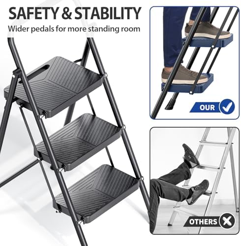 KINGRACK Folding 3 Step Ladder, Portable Ladder for Multi-Purpose, Home, Kitchen, Heavy Sturdy Steel Step Stool with Anti-Slip Wide Pedals, Handrail, Safe-Lock Design, Pass 500lbs Load Testing, Black