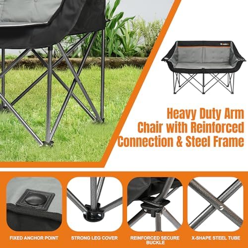 Oversized Double Camping Chair for Adults, Fully Padded Folding Camping Chairs Loveseat, Big Heavy Duty Outdoor Patio Lawn Chair with Arm Cup Holder