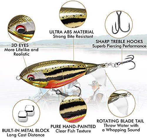 TRUSCEND PoPobait Plopper with BKK Hooks, Top Water Fishing Lures for Bass Walleye Pike Catfish Musky Perch, Floating Lure for Freshwater or Saltwater, Amazing Teasers Fishing Gifts for Family Fishing