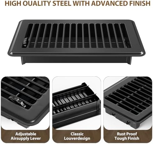 Floor Register 2x12, Floor Vent Covers 2 Pack, Steel Adjustable Air Supply Grille Register Vent Cover Grill for Sidewall and Floor, Vent Covers for Home Floor, Black