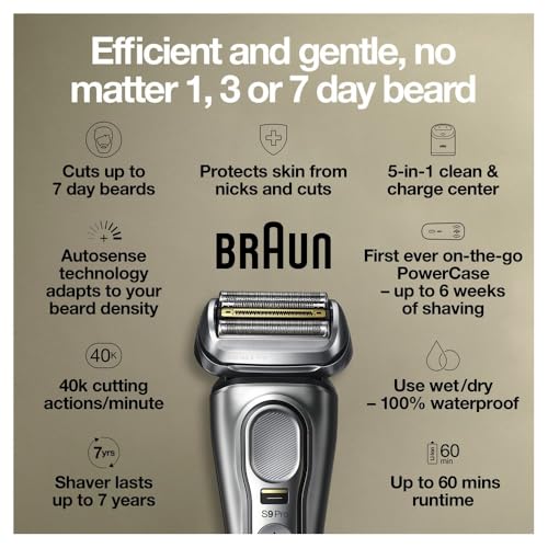 Braun Electric Razor for Men, Waterproof Foil Shaver, Series 9 Pro 9477cc, Wet & Dry Shave, with Portable Charging Case, ProLift Beard Trimmer, 5-in-1 Cleaning & Charging SmartCare Center, Silver